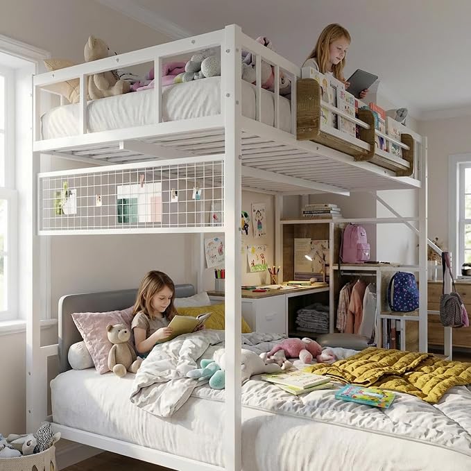 Kikihouse Twin Over Twin Loft Bunk Bed with Desk, Stairs, Drawers & Storage Shelves, L-Shaped Metal Bunk Bed with Charging Station & LED Light for Kids, Teens, Adults (Twin Over Twin)
