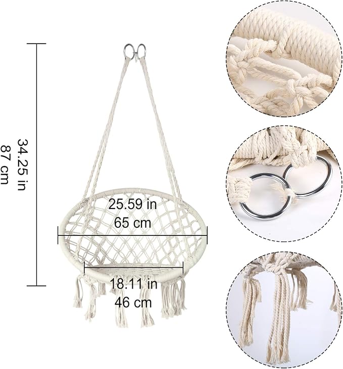 Hammock Swing Chair for 2-5 Years Old Kids,Handmade Knitted Macrame Hanging Swing Chair for Indoor,Bedroom,Yard,Garden- 230 Pound Capacity Off-White- with Suspension Kit