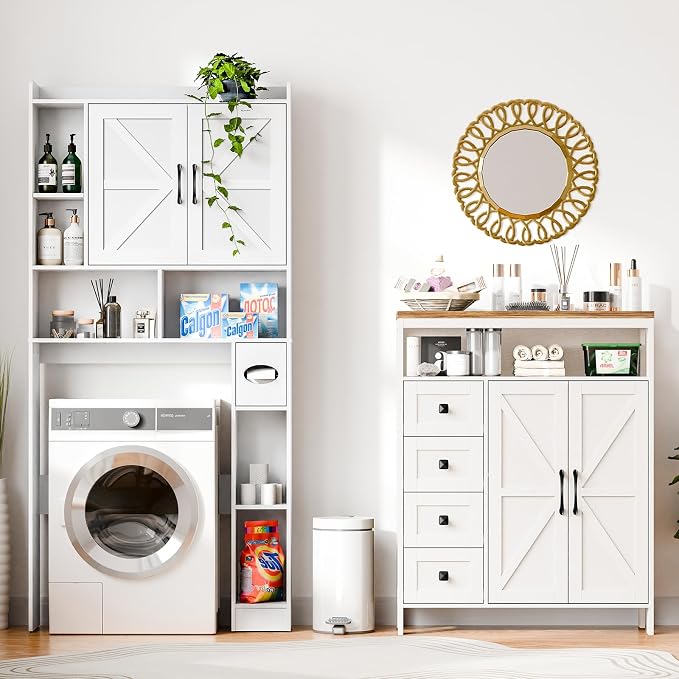 Vabches Farmhouse Storage Cabinet with 2 Doors and 4 Drawers, Freestanding Bathroom Storage Cabinets, Kitchen Pantry Cabinet, Floor Hutch Cupboard for Kitchen/Living Room/Bathroom(Unique White).