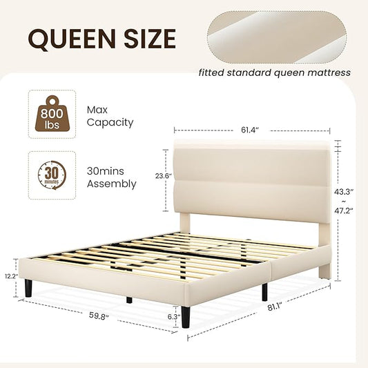GRUSIGN Queen Size Platform Bed Frame with Velvet Headboard, Adjustable Height Wooden Slats Support, Upholstered Mattress Foundation, Fits Mattress or Mattress with Box Spring, Easy Assembly, Beige
