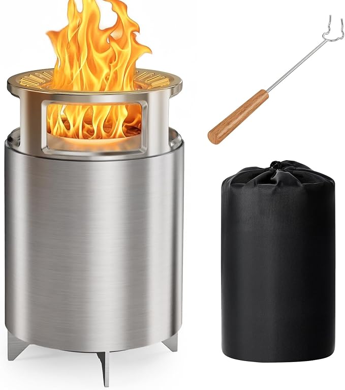 Ciays Smokeless Firepit with Stand, 7″ Tabletop Fire Pit for Camping with Patented Technology, Portable Fire Pit for Outside with Grill Rack, Fire Poker and Bag, Fueled by Pellets, Wood or Firestarter