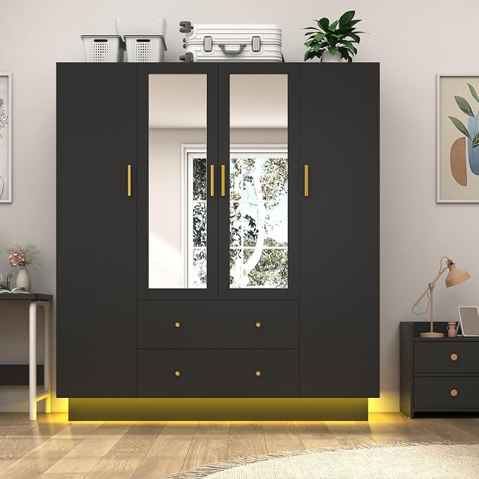 jiteentarou 4 Door Wardrobe Closet with Mirrors and LED Lights, Bedroom Armoire with Drawers and Shelves, Modern Wooden Armoire Wardrobe Closet with Hanging Rod for Bedroom, Black