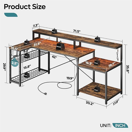 Bestier 71.5 inch Computer Desk with Power Outlets, L Shaped LED Home Office Desk with Long Monitor Stand, Large Corner Desk with Storage Shelf, Cup Holder & Headset Hooks, Modern Simple Table | Printer Shelf, Adjustable Metal Grid, Adjustable Monitor ...
