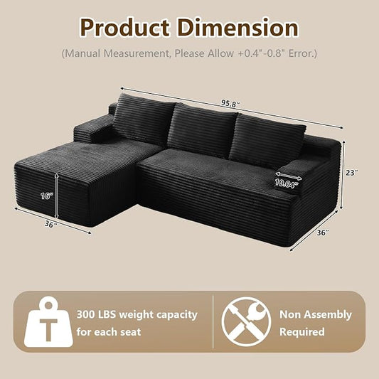 96" Modular Sectional Sofa Couches L-Shape Couch 3 Seat Modular Sofa Corduroy Memory Foam Sectional Boneless Couches for Living Room, Cloud Couch with Oversized Chaise(Black, Left Facing)