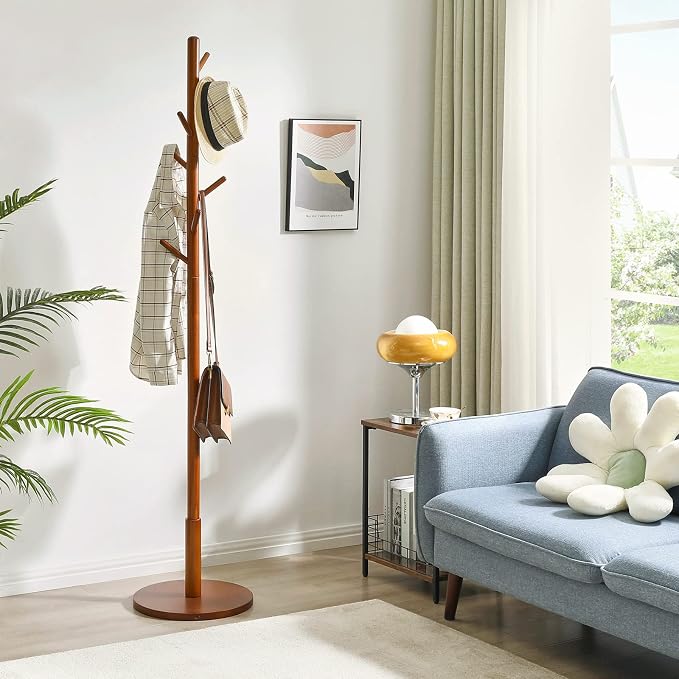 IBUYKE Coat Rack Stand, Freestanding Coat Tree with Solid Round Base and 8 Hooks, Easy Assembly Wooden Coat Hanger, Clothes Rack for Hallway Entryway, Living Room, Bedroom, Office, Brown WD-113