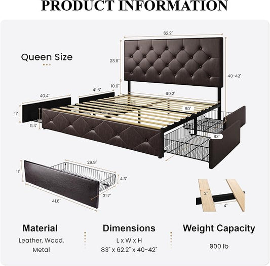 SHA CERLIN Upholstered Queen Size Platform Bed Frame with 4 Storage Drawers, Adjustable Headboard with Diamond Stitched Button Tufted Design, Wooden Slat Support, No Box Spring Needed, Black Brown
