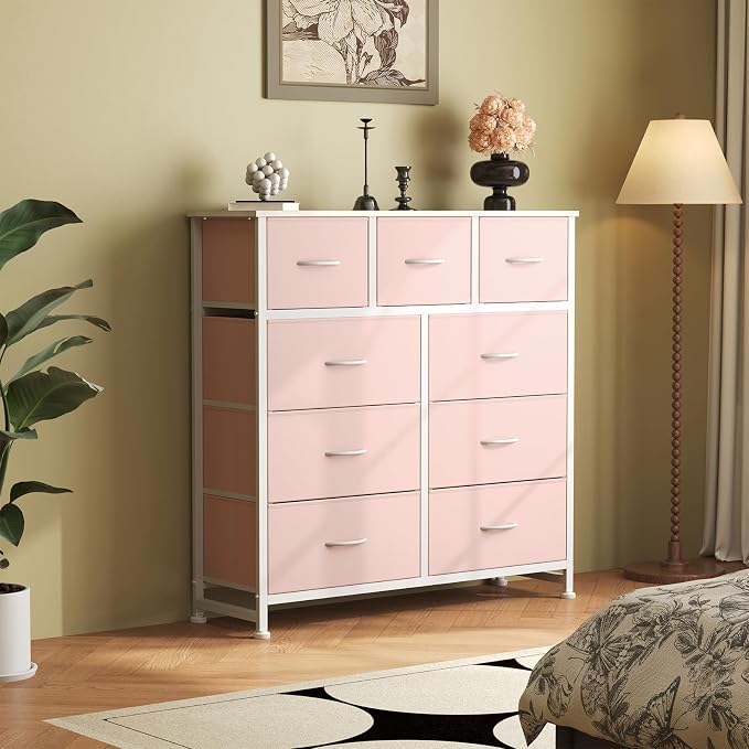 OLIXIS 9 Drawer Storage Dresser with Wood Top - Wide Fabric Chest Organizer for Bedroom, Closet, Living Room,Tower Cabinet, TV Stand, Hallway Entryway Furniture,Pink
