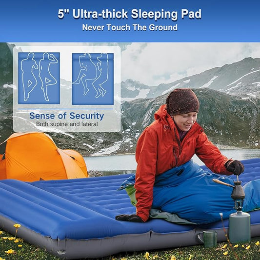 FNARMW Double Sleeping Pad Camping, Self Inflating 6'' Extra-Thick 2 Person Pillow Built-in Foot Pump Waterproof Inflatable Sleeping Mat Backpacking, Tent, Hiking, Portable Camping Pad (Navy Grey)