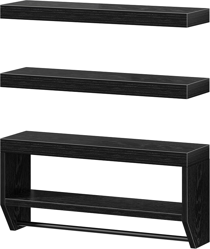 QEEIG Bathroom Floating Shelves for Wall - Shelf Over Toilet Paper Storage Farmhouse 24 inch Set of 3, Black (028-60B3)