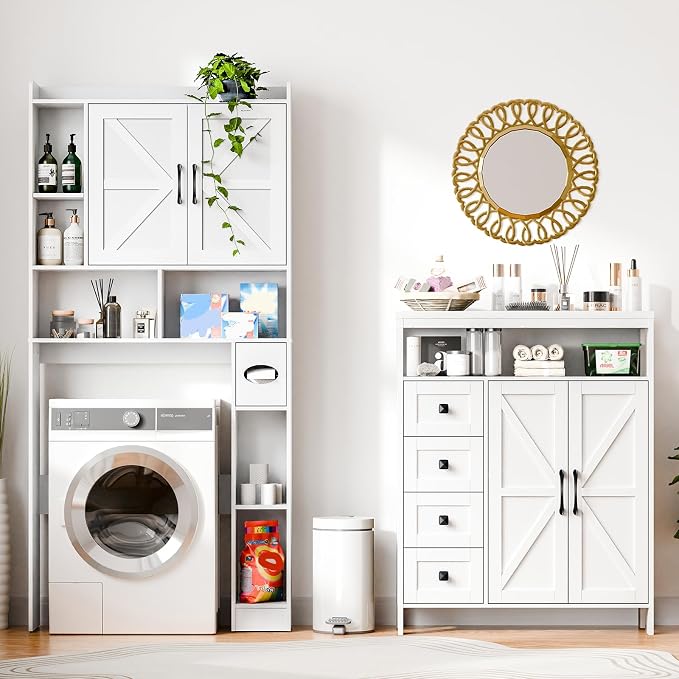 Vabches Farmhouse Storage Cabinet with 2 Doors and 4 Drawers, Freestanding Bathroom Compartment Kitchen Pantry Cabinet, Floor Cupboard for Kitchen/Living Room/Bathroom,White