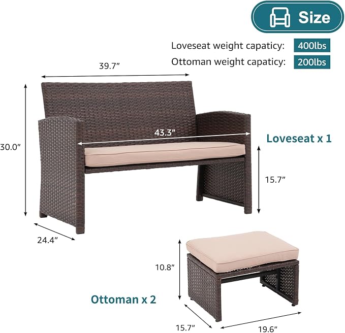 OC Orange-Casual Outdoor Loveseat 3 Piece Patio Furniture Set Outdoor Conversation Set All-Weather Wicker Love Seat with Ottoman/Side Table, Brown Rattan, Beige