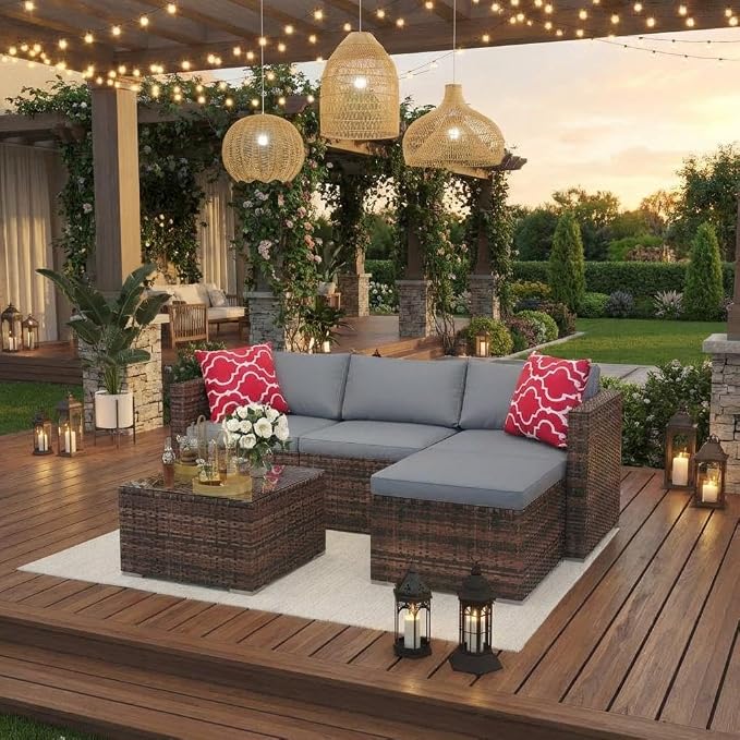 5 PCS Outdoor Sectional Sofa Set, Outdoor Patio Set Sectional Sofa, All-Weather PE Rattan Patio Furniture with Ottoman & Tempered Glass Table for Garden, Backyard, Porch, Poolside (Brown/Gray)