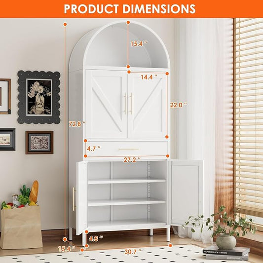 72.8" White Metal Arched Pantry Cabinet with Drawer, Tall Kitchen Storage Cabinet with 3 Adjustable Shelves, Door Storage, Magnetic Closure & Anti-Tip Kit, White, Assembly Required