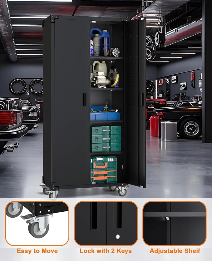 Garvee 72 in Tall Garage Storage Cabinet – 600 LB Capacity Metal Tool Cabinet with Magnetic Lock, 4 Adjustable Shelves & Wheels, Heavy-Duty Steel Storage for Workshop, Home & Office