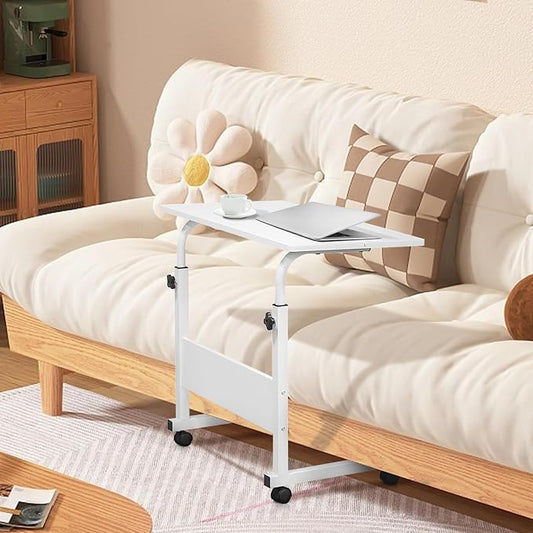 Karl home Mobile Side Table 31.5 inch Computer Desk with Wheels Height Adjustable Rolling Potable Laptop Cart, C-Shaped Bed Couch Sofa End Tables with Edge Stopper for Livingroom Bedroom, White