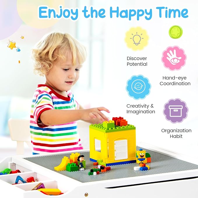 HONEY JOY Kids Table, 2 in 1 Toddler Wooden Activity Table with Paper Roll, Convertible Building Block Tabletop, 3 Storage Compartments, Children Furniture Set for Daycare, Playroom, White