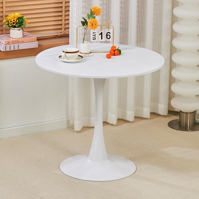 Round Dining Table, 31.5" Circle Tulip Table with Thickened Tabletop & Metal Pedestal, Mid Century Modern Bistro Table for Kitchen, Small Places, Living Room, Cafe (White)