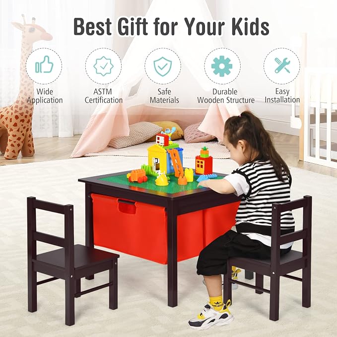 Costzon Kids Table, Children Wooden Activity Table w/Storage Drawers, 2 in 1 Building Block Tabletop for Arts, Crafts, Reading, Preschool, Nursery, Kindergarten, Toddler Table (Espresso)