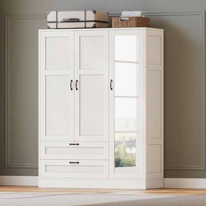 Yanosaku 5-in-1 Armoire Wardrobe Closet with Full Length Acrylic Mirror & 2 Drawers, Tall Narrow Armoire with Adjustable Shelf, Small Space Freestanding Storage Cabinet for Bedroom, White
