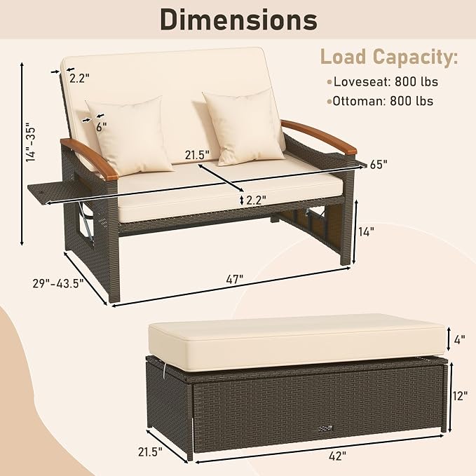 LDAILY Moccha Outdoor Wicker Daybed, Patio Rattan Loveseat Sofa w/ 4-Level Adjustable Backrest, Folding Panels, Storage Ottoman & Cushions, Lounge Furniture Set for Poolside Backyard Porch (Beige)