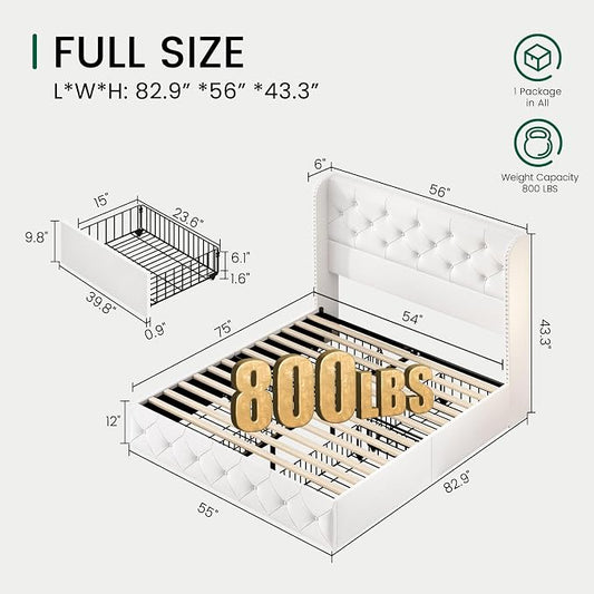 LARMACE Full Size Bed Frame with 4 Storage Drawers and 47.2" Tall Wingback Headboard Velvet Upholstered Platform Bed Frame Tufted Beds with Wooden Slats Support, Easy Assembly, White