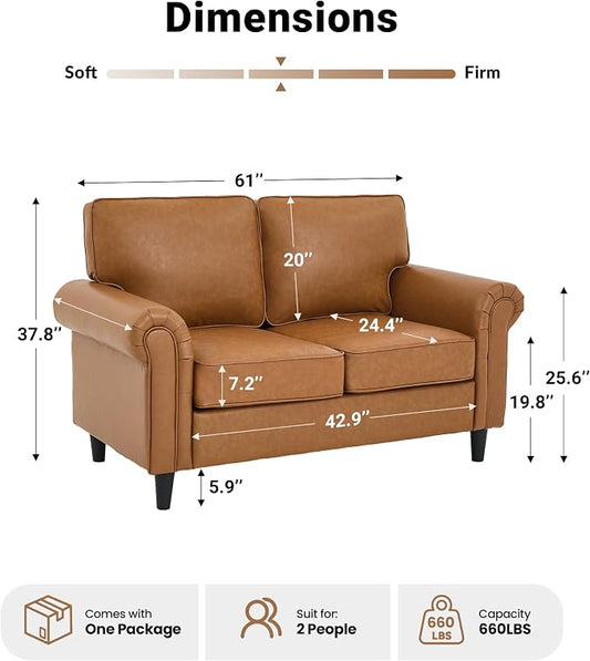 Kingfun Loveseat 2 Seater Couch, Mid Century Modern Faux Leather Sofa with Rolled Arms and Deep Seats, Fluffy Comfort for Living Room, Apartment, Easy Assembly, Brown