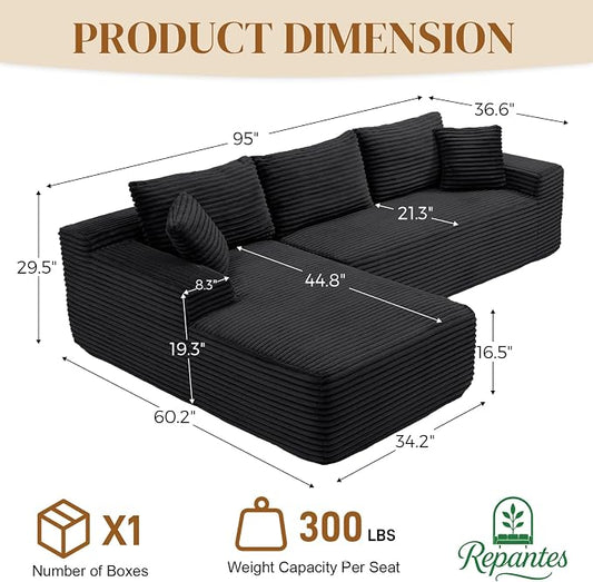 95" L Shaped Boneless Sectional Couches, Wide Armrest, Deep Seat, Memory Foam, Assembly Free, Modern Comfy Corduroy Fluffy Cloud Sofa with Left Chaise for Living Room, Small Spaces, Black