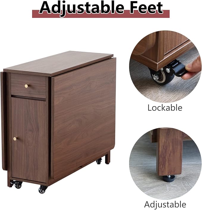 COMUHOME Extendable Drop Leaf Foldable Dining Table with 2 Drawers and 4 Wheels for Living Room Kitchen Farmhouse Space Saving Table in Walnut