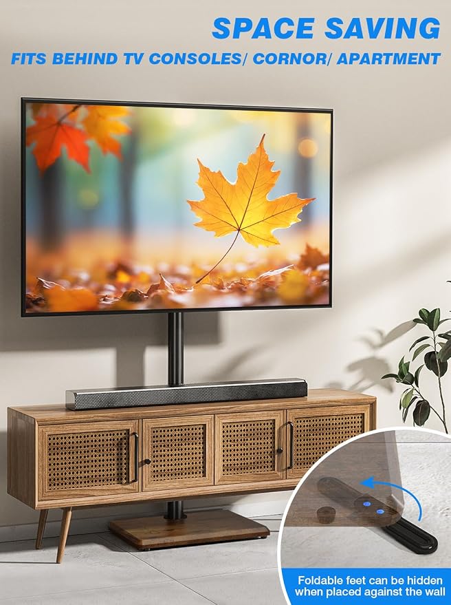 Rfiver Swivel Floor TV Stand with Power Outlet for 32-65 inch TVs, Height Adjustable Tall TV Stand with Wood Base, Hold Up to 88lbs, Saving Space Design for Bedroom, Living Room and Corner (Brown)