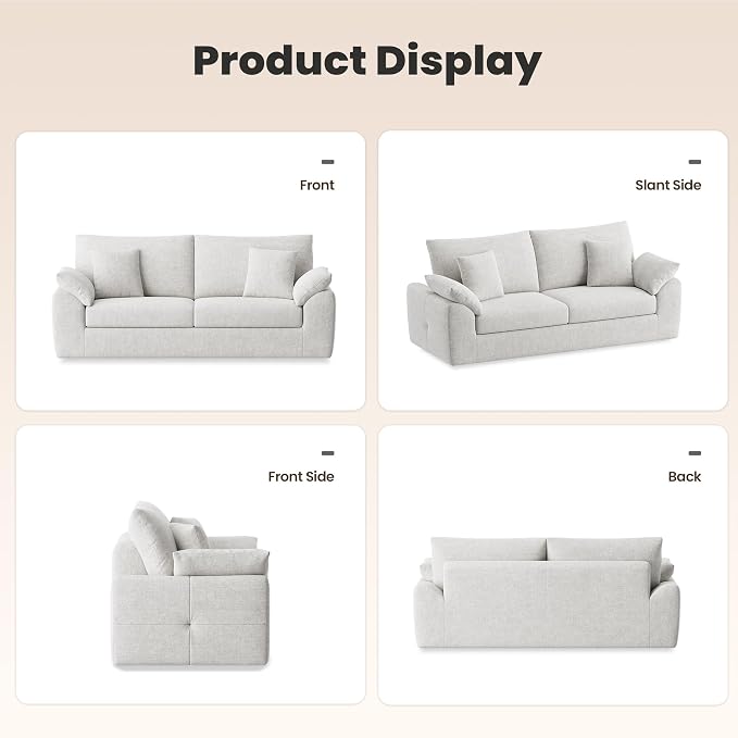 90" Boneless Loveseat Sofa, Polyester Fabric 2-Seater Couch with 4 Pillows, No Assembly Required, Soft High Density Foam Cushion, Rectangular Track Arm Sofa for Living Room Bedroom Apartment (Beige)