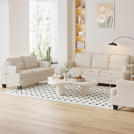 Furnimart Modern 3 Seater Couch and Loveseat Sets, Couches Set of 2 for Living Room, Deep Seat Sectional Sofa and Love Seat Set, Beige