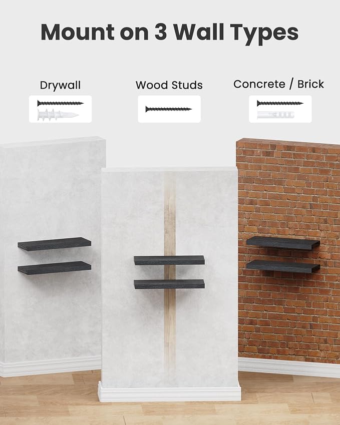 AMADA HOMEFURNISHING Floating Shelves Wall Mounted, 15 x 7 Inch Wall Shelves for Bathroom, Bedroom, Living Room, Black Shelves Set of 2