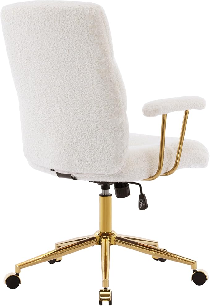 Techni Mobili Boucle Office Chair, Adjustable Desk Chair, White & Gold | White boucle office chair, gold base, padded seat, height adjustable, modern desk chair, textured fabric, swivel, ergonomic