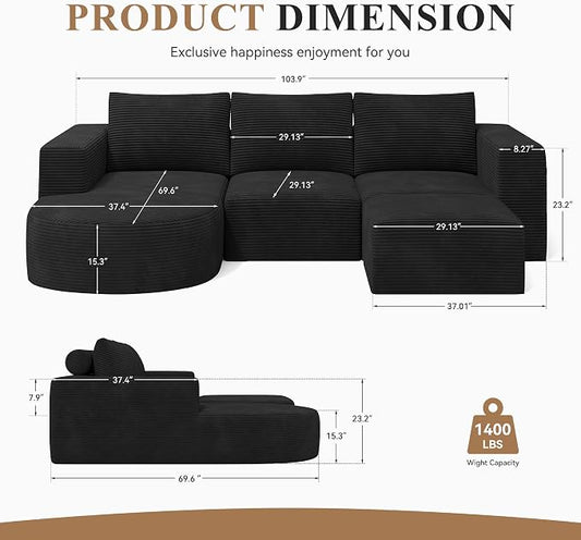 Boneless Couches for Living Room with Chaise,104" Modular Sectional Sofa with Convertible Ottoman,Cozy Cloud Couch with U-Shaped,Sponge Compression Sofas in a Box,No Assembly Required(Black) 1pcs