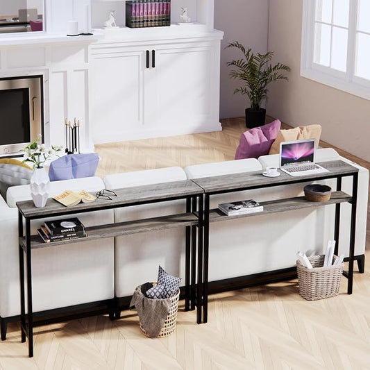 Timberer Narrow Console Table, 39.4” Sofa Table with Adjustable Shelf, 2-Tier Long Skinny Table for Hallway, Entryway, Living Room, Foyer, Grey