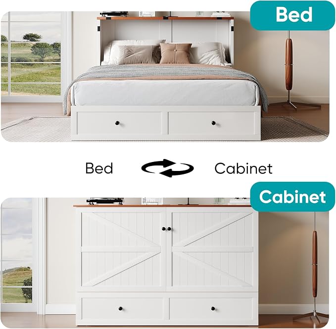 BALUS Queen Size Murphy Bed, 64" W Cabinet Bed with USB Charging Station & Storage Drawer, Queen Cabinet Beds for Living Room, Apartment, Home Office, Bedroom, White-Brown