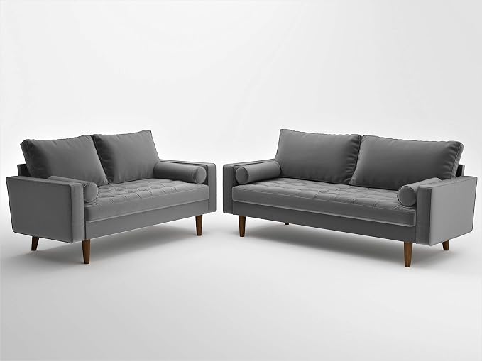 Container Furniture Direct Womble Mid Century Modern Soft Velvet Upholstered Tufted Seat with Bolster Pillows, Sofa, Silverish Grey