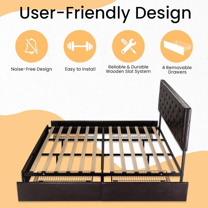 SHA CERLIN Upholstered King Size Platform Bed Frame with 4 Storage Drawers, Adjustable Headboard with Diamond Stitched Button Tufted Design, Wooden Slat Support, No Box Spring Needed, Black Brown