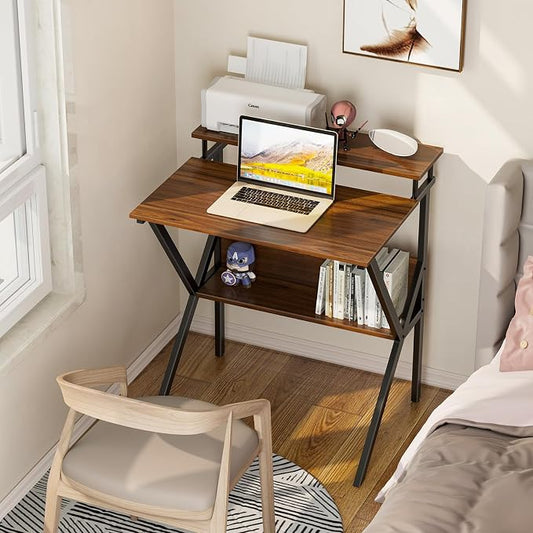ODK Small Desk, 27.5 Inch Computer Desk for Small Spaces, Study Desk with Storage & Monitor Stand, Deep Brown