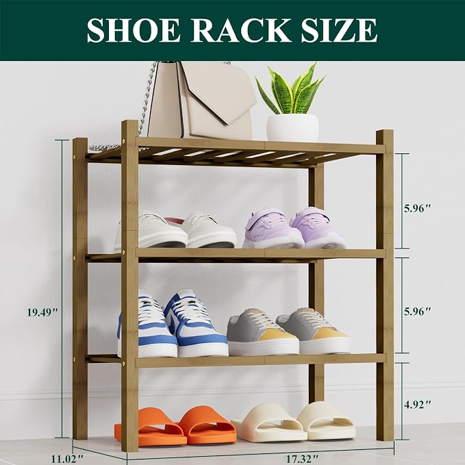 Smiry Small Bamboo Shoe Rack, 3 Tier Free Standing Wooden Shoe Organizer, Stackable Wood Shoe Storage Shelf for Closet, Entryway, 14 Vertical Slats, 2+1 Stack Heavy-Duty Legs, 17.3"x11"x19.5", Walnut