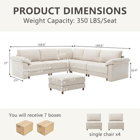 Oversized Modular Cloud Couch with Removable Washable Cover, L/V-Shaped Sectional for Large Living Room, Plush Chenille & Deep Seat(Beige)