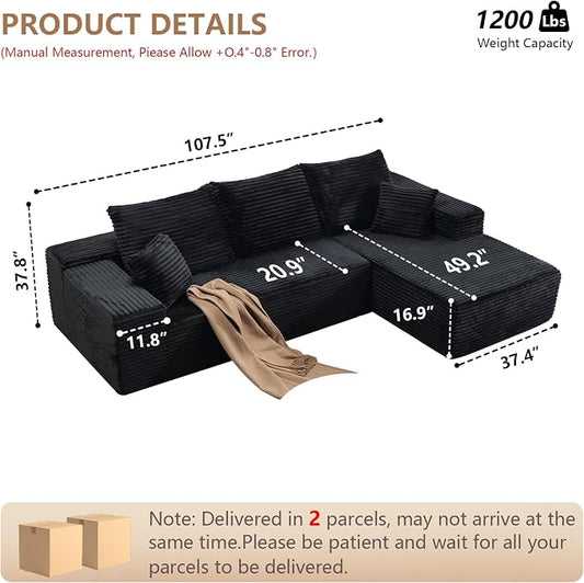 107" W Modular Sectional Sofa, Upholstered Corduroy Cloud Couch with Deep Seat, Modern 3-Seater L-Shaped Sofa for Living Room, No Assembly Required (Black, Right-Facing Chaise)