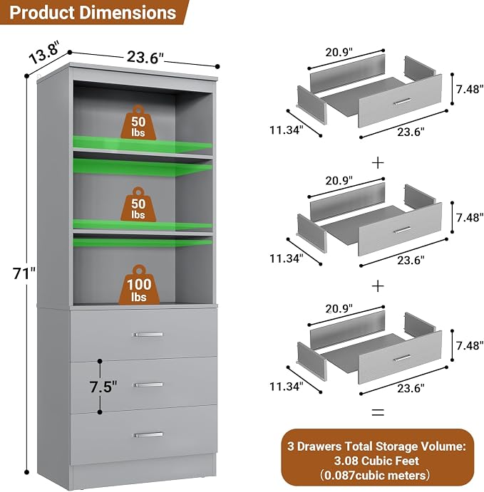 Aheaplus 47.2" Closet Drawers System, 3.94FT Wood Closet Organizer System with 3 Drawers, Modular Small Walk-in Closets Storage Unit, Set of 2, Grey (47.2" L x 13.8" W x 71" H)