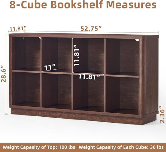 Joaxswe 8 Cube Bookcase, 52" Long Horizontal Book Shelf w/Curved Edge, Floor Standing 2-Tier Cubby TV Stand Bookshelf with Wooden Base, Farmhouse Low Storage Cabinet for Living Room, Office, Walnut