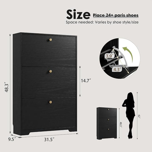 Nicetree Shoe Cabinet with 3 Flip Drawers, Narrow Shoe Organizer Cabinet, Freestanding Shoe Rack Cabinet, Modern Shoe Storage Cabinet for Entryway, Hallway, Foyer, Black with Hook