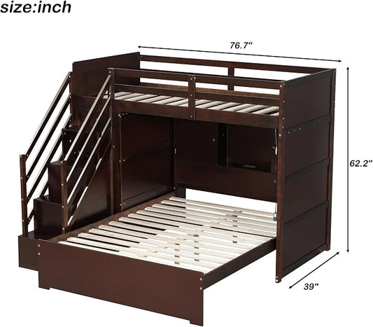 RUNNA Twin Over Full Bunk Bed with Storage Stairs, USB, Light Espresso | Twin over full bunk bed with storage stairs,USB charging station,light,solid wood,guardrails,no box spring needed Espresso