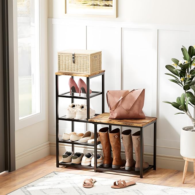 Shoe Rack Bench for Entryway,Free Standing Shoe Storage Organizer for Front Door Entrance,4-Tier Boot Rack Holder Shelf for Closet with Seat,Sturdy Shoe Shelves for High Heels(Brown)