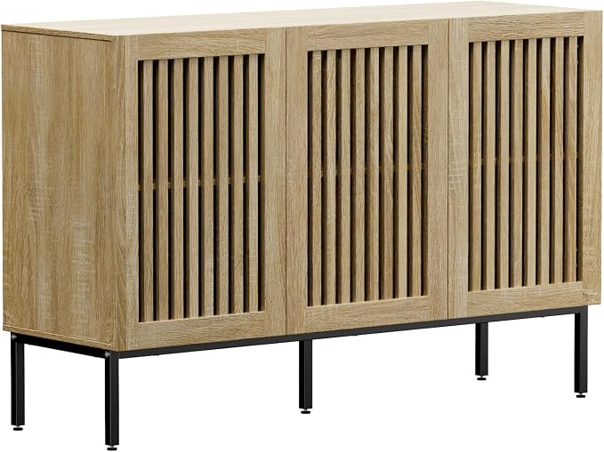 BVIUNTWO Buffet Cabinet with Storage,47" Farmhouse Console Table with Metal Base and Adjustable Shelves,Sideboard Coffee Bar Cabinet with 3 Doors for Kitchen,Dining Room,Living Room,Oak