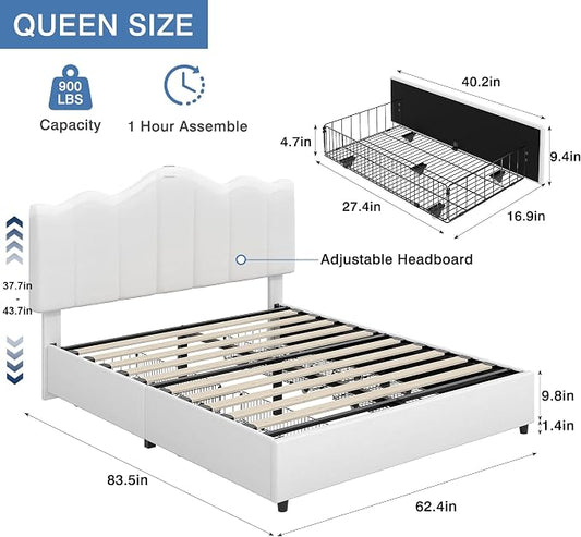 VECELO Queen Size Bed Frame with 4 Drawers, Adjustable Headboard, Upholstered Platform with Wood Slats Support, Built-in USB and Type C Ports, Off White