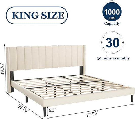 Sismplly King Size Bed Frame and Headboard,Vertical Channel Tufted Wingback No Box Spring Needed, Mattress Foundation, Easy Assembly, Beige